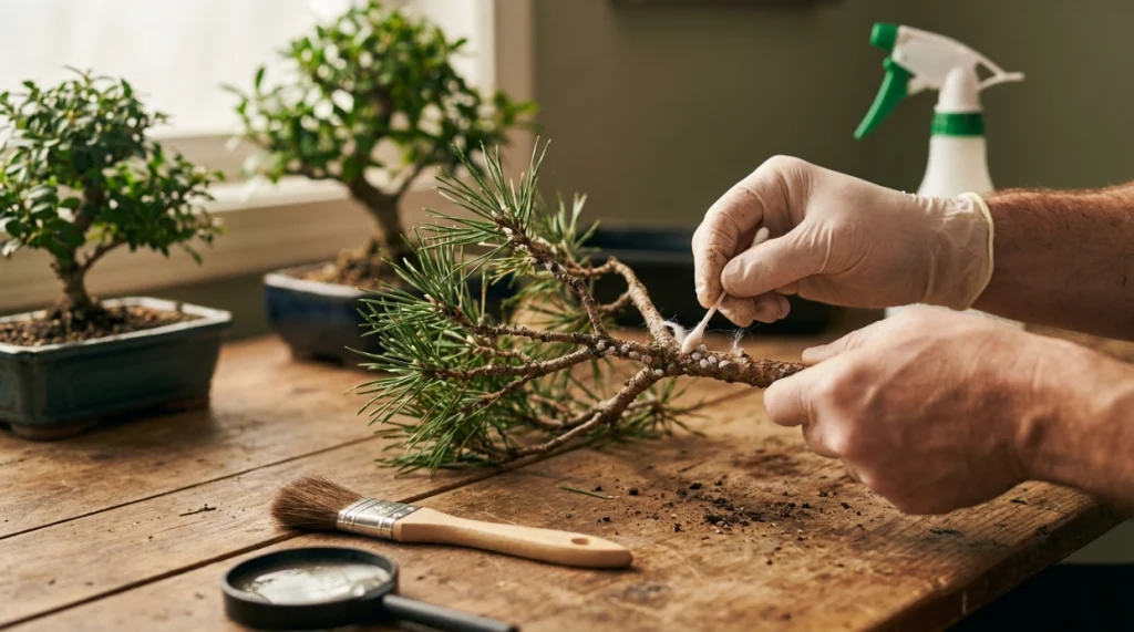 Grower gently removing white scale from bonsai with a damp cotton swab