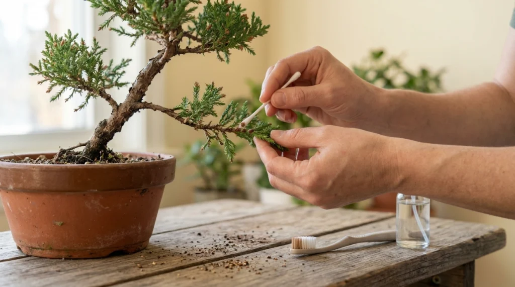 Hobbyist carefully removing brown scale insects from an isolated bonsai branch with a cotton swab