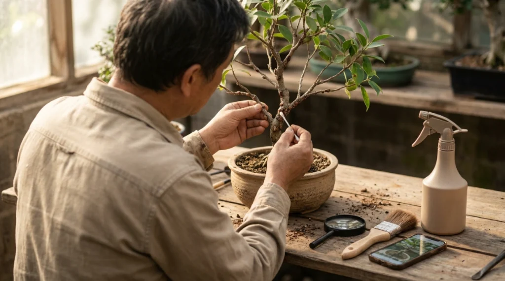 Bonsai grower manually removing scale insects from a quarantined tree with a cotton swab.