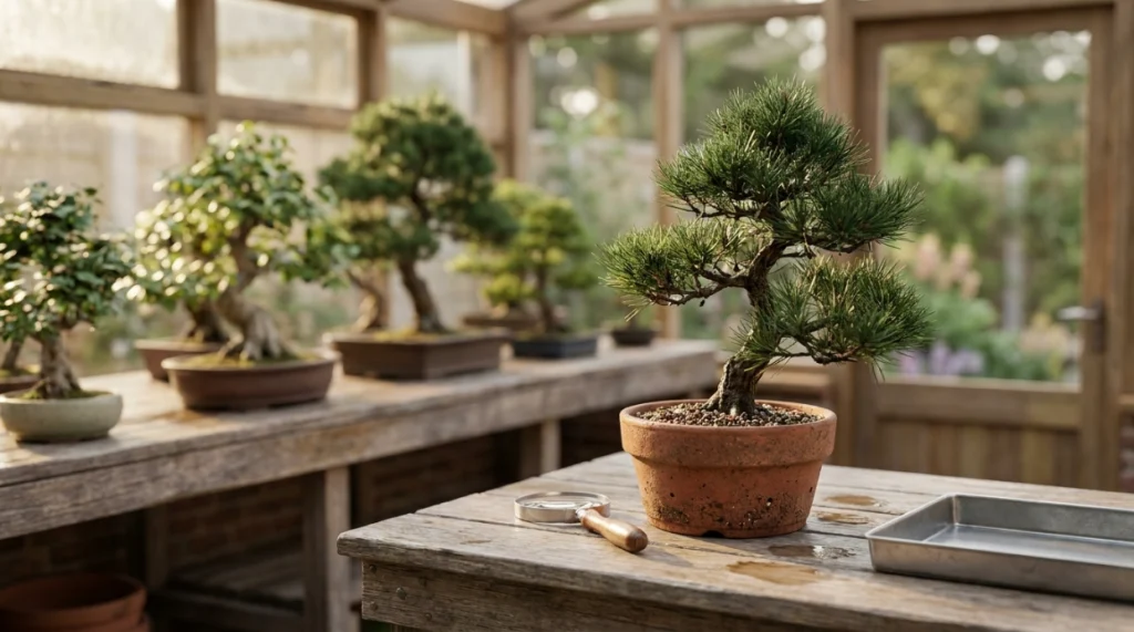 Newly purchased bonsai isolated from other trees for scale inspection and quarantine