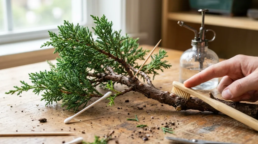 Fingernail, toothpick, cotton swab, toothbrush, and water tools beside a scale-infested bonsai.
