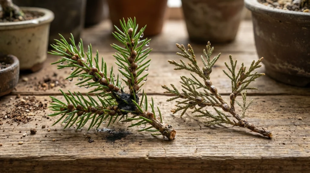 Macro comparison of soft scale with honeydew and armored scale on dry bonsai leaves and twigs