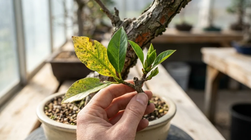 Healthy new bonsai buds growing beside older leaves damaged by a scale infestation