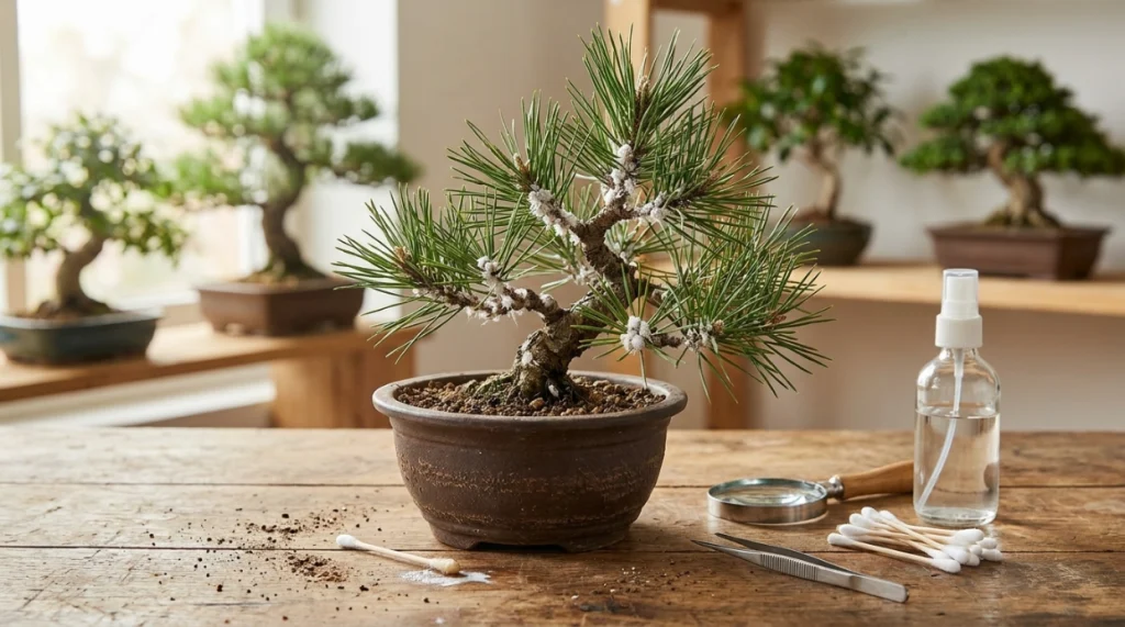 Isolated bonsai with mealybugs beside magnifier, tweezers, cotton swabs, and treatment tools