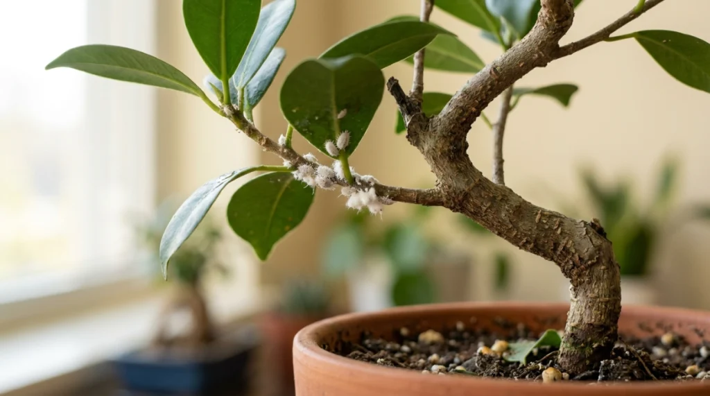 White mealybugs and cottony egg masses clustered around a bonsai leaf joint and branch fork