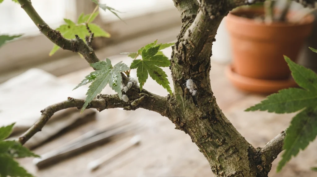White mealybugs clustered at leaf joints and bark crevices on a bonsai tree