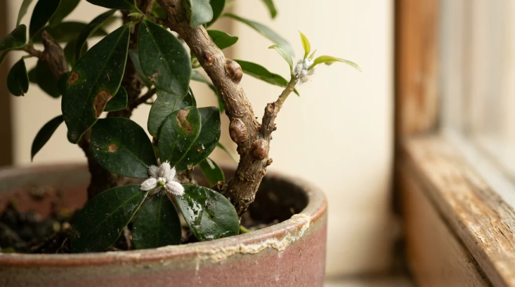 Close-up comparing mealybugs, scale, woolly aphids, and pale residue on a bonsai tree
