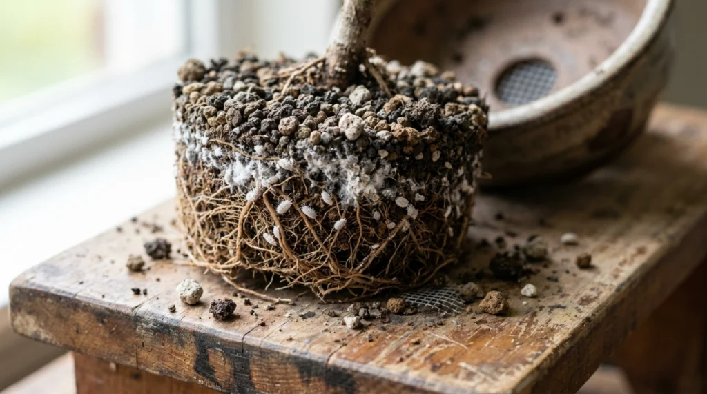Close-up of mealybugs on bonsai roots with white wax around fine feeder roots