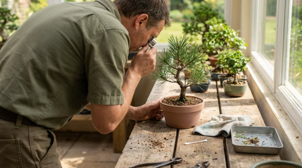 Grower isolates and reinspects a bonsai after finding a small mealybug colony