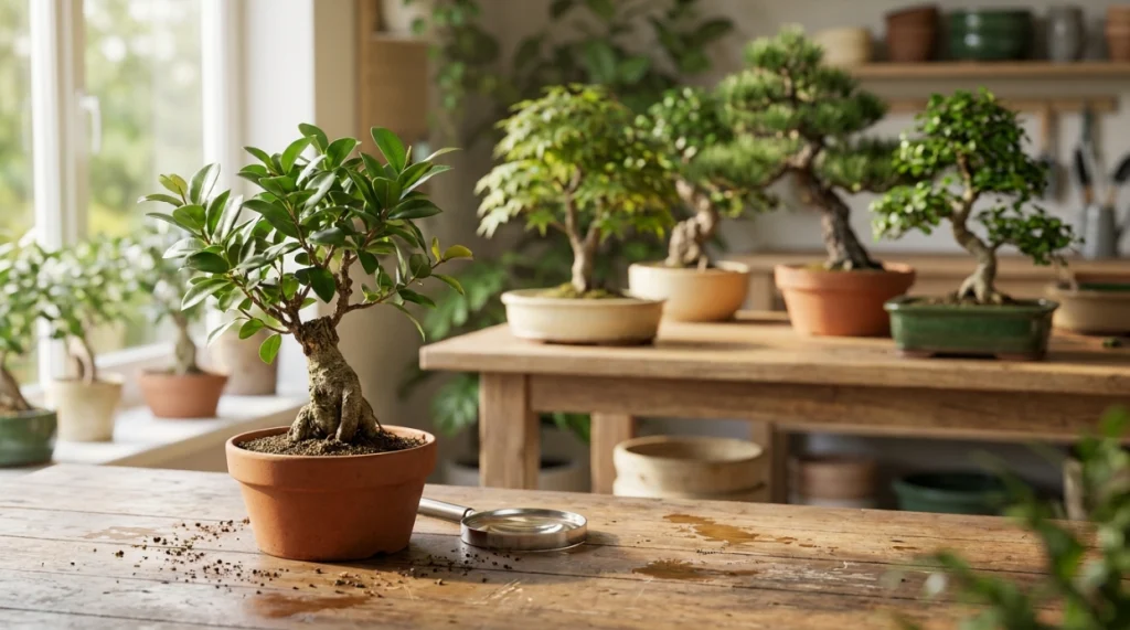 New bonsai isolated for pest inspection beside a healthy bonsai collection