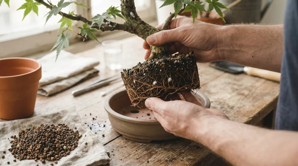 Root mealybugs visible near a bonsai root ball during careful inspection and repotting