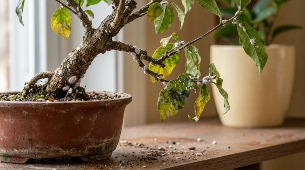 Bonsai with widespread mealybugs, yellow leaves, honeydew, sooty mold, and nearby plant spread