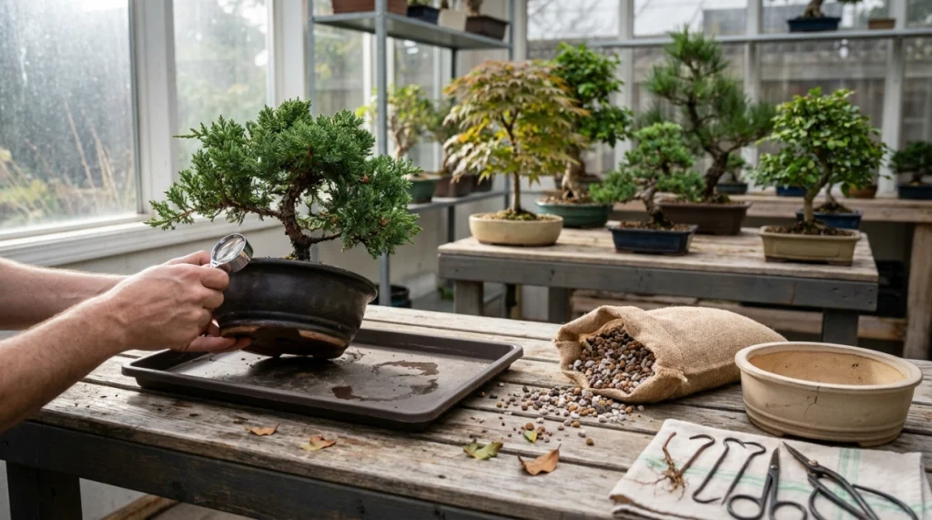 Quarantined bonsai with clean tools and substrate to prevent mealybugs on bonsai roots