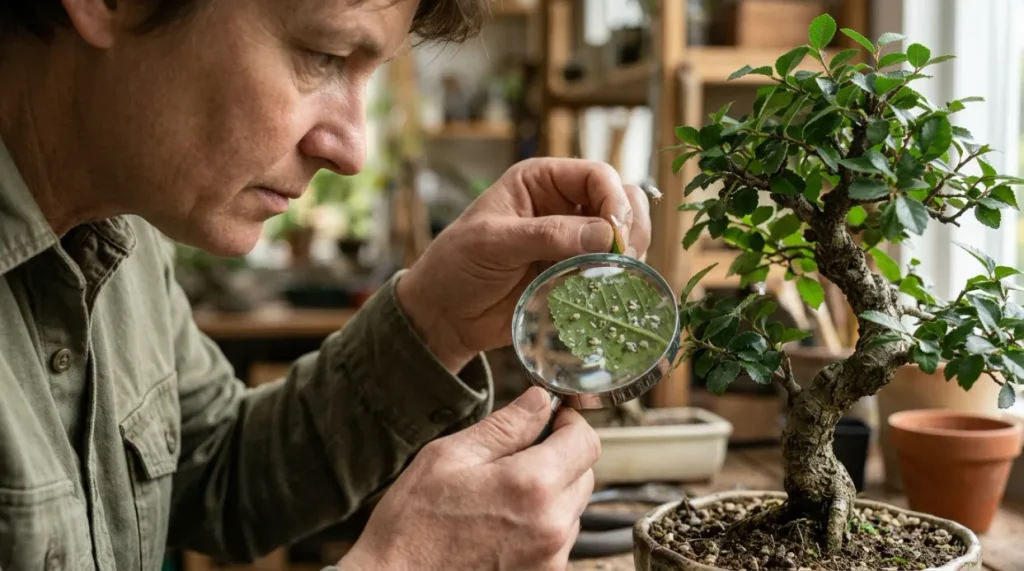Bonsai grower using a hand lens to inspect leaf undersides for whiteflies and nymphs
