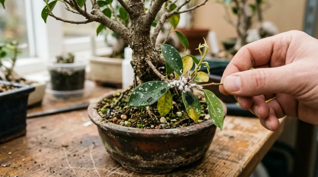 Close-up bonsai showing white mealybugs, honeydew, yellowing leaves, and weakened new growth.