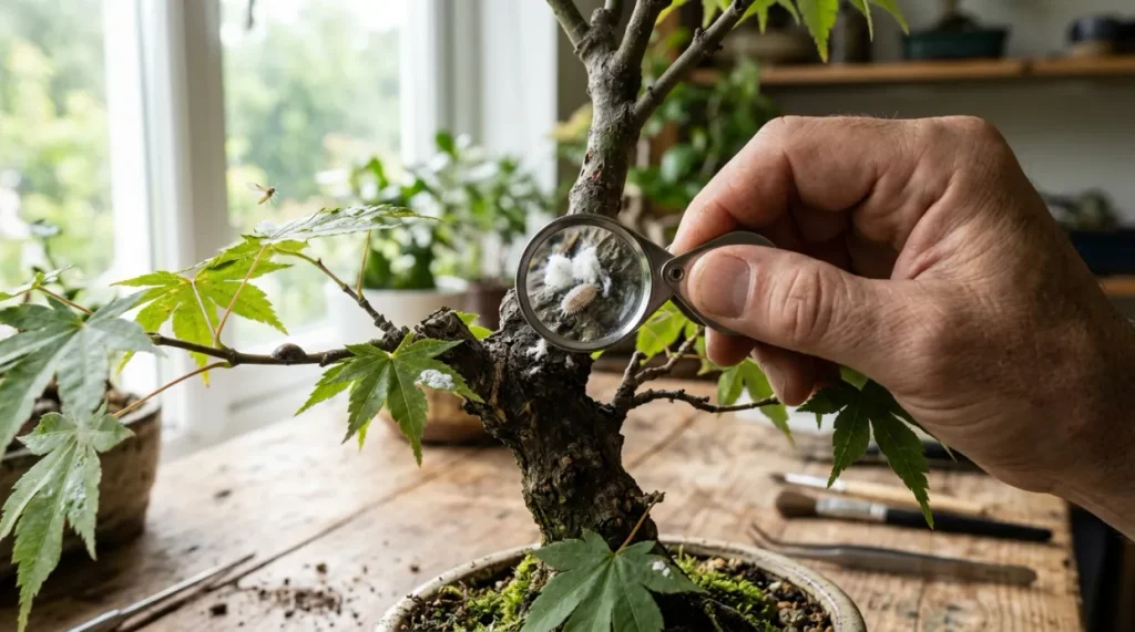 Hand lens revealing an oval mealybug beneath white wax on a bonsai branch