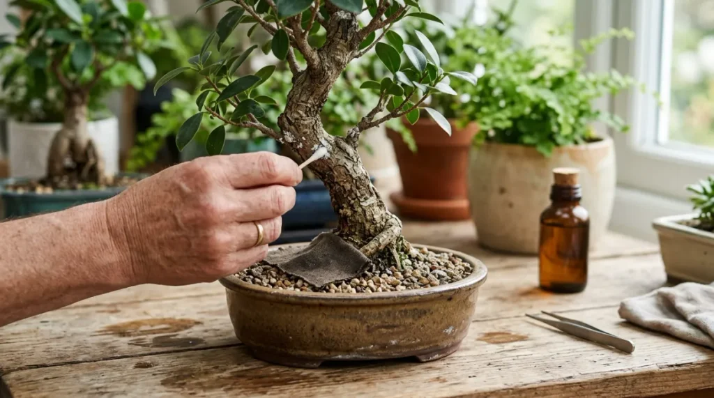 Gardener removing white mealybugs from bonsai foliage with a cotton swab
