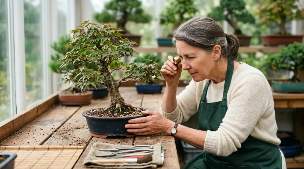 New bonsai isolated and inspected with a hand lens before joining an established collection.