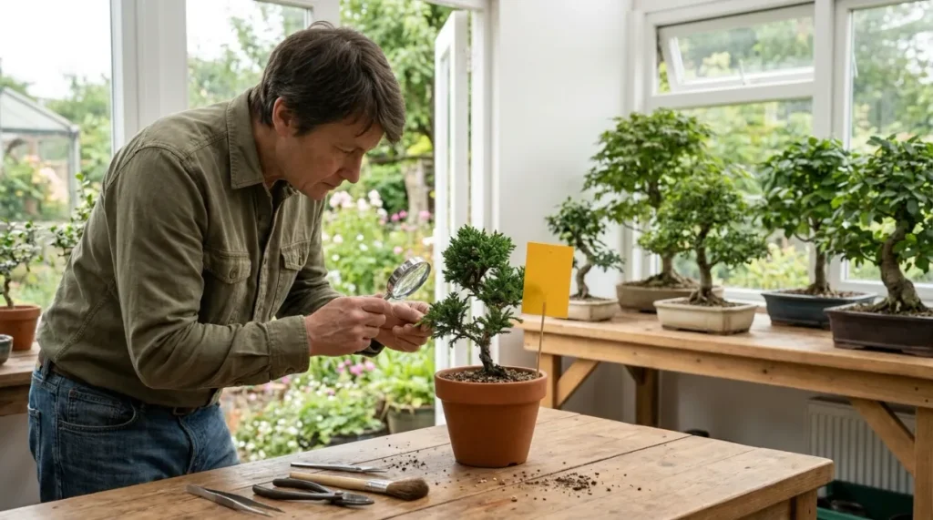 Quarantined bonsai inspected with a hand lens beside spaced, healthy bonsai trees