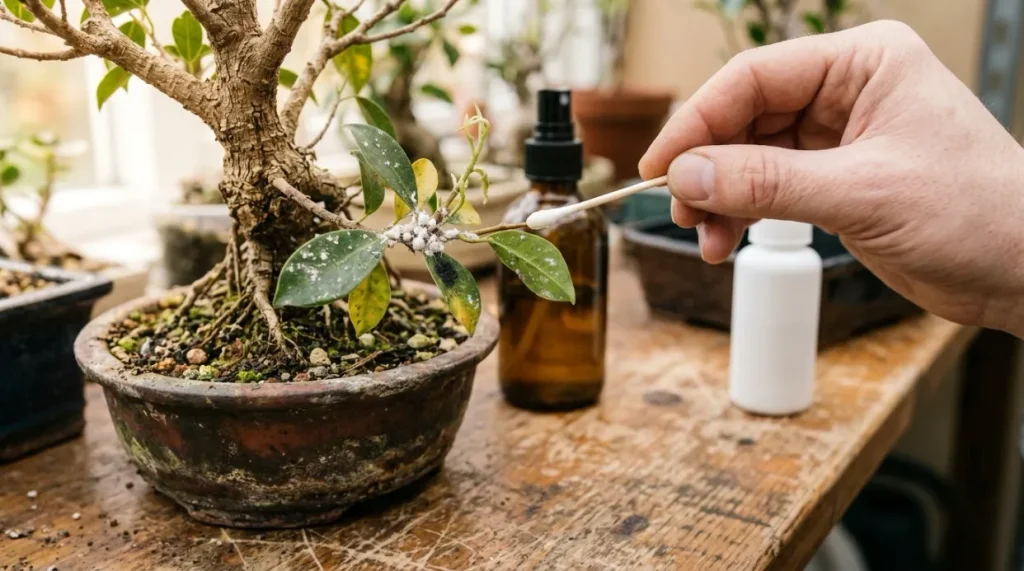 Targeted mealybug removal on a bonsai using a cotton swab and careful spot treatment