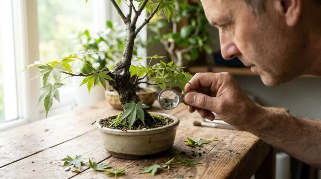 Grower checking hidden bonsai areas for recurring mealybugs around branches, trunk, and pot