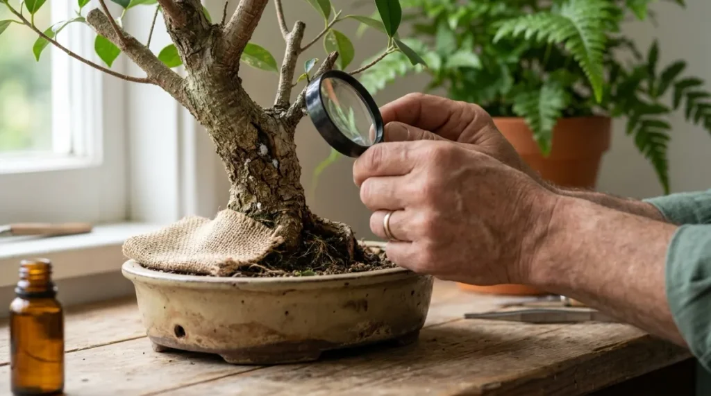 Gardener inspecting hidden bonsai areas for recurring mealybugs with a hand lens