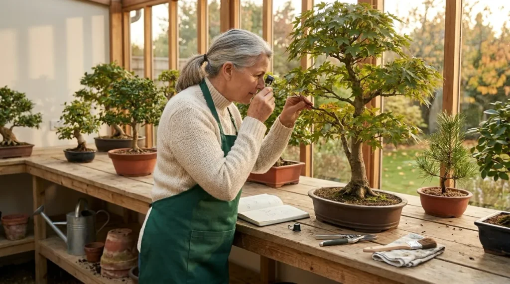 Bonsai grower inspecting spaced trees and keeping simple pest records for long-term prevention.