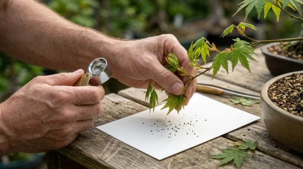 Grower taps bonsai foliage over white paper while checking for thrips with a hand lens.