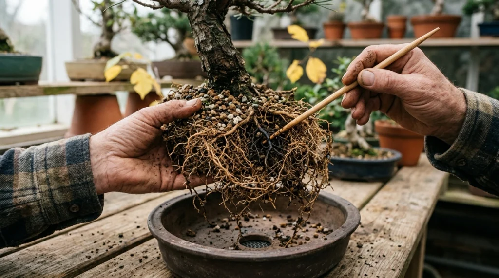 Grower checking firm and damaged roots during bonsai root disease diagnosis