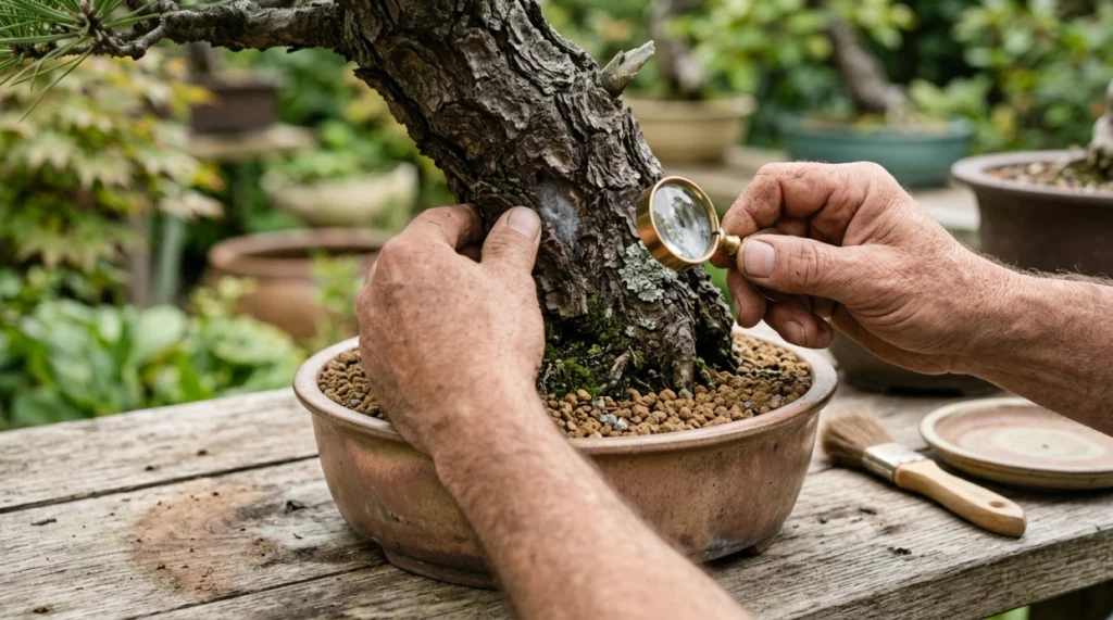Close inspection of bonsai trunk for mold, lichen, moss, mineral deposits, and pests