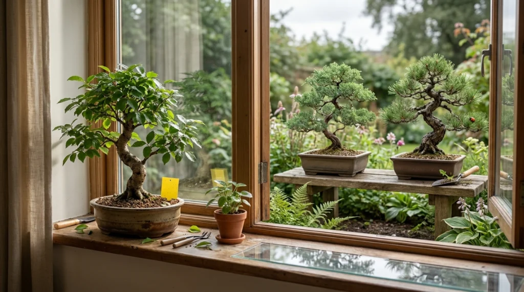 Indoor bonsai with sticky trap beside outdoor bonsai protected through spacing and beneficial insects