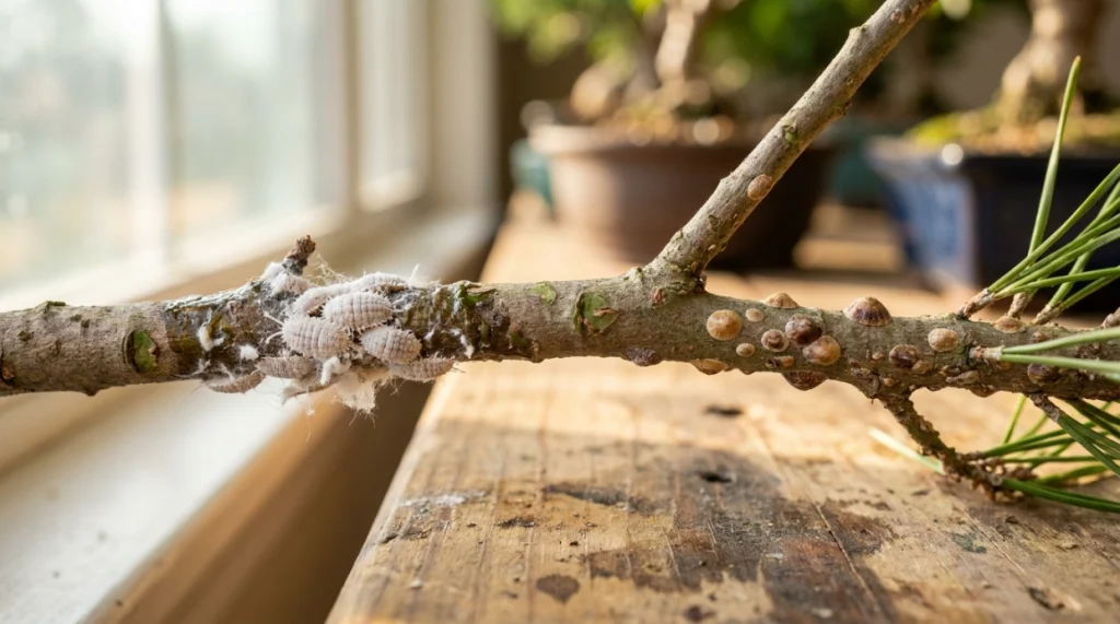 Mealybugs vs Scale on Bonsai showing segmented waxy insects beside firm attached scale bumps.