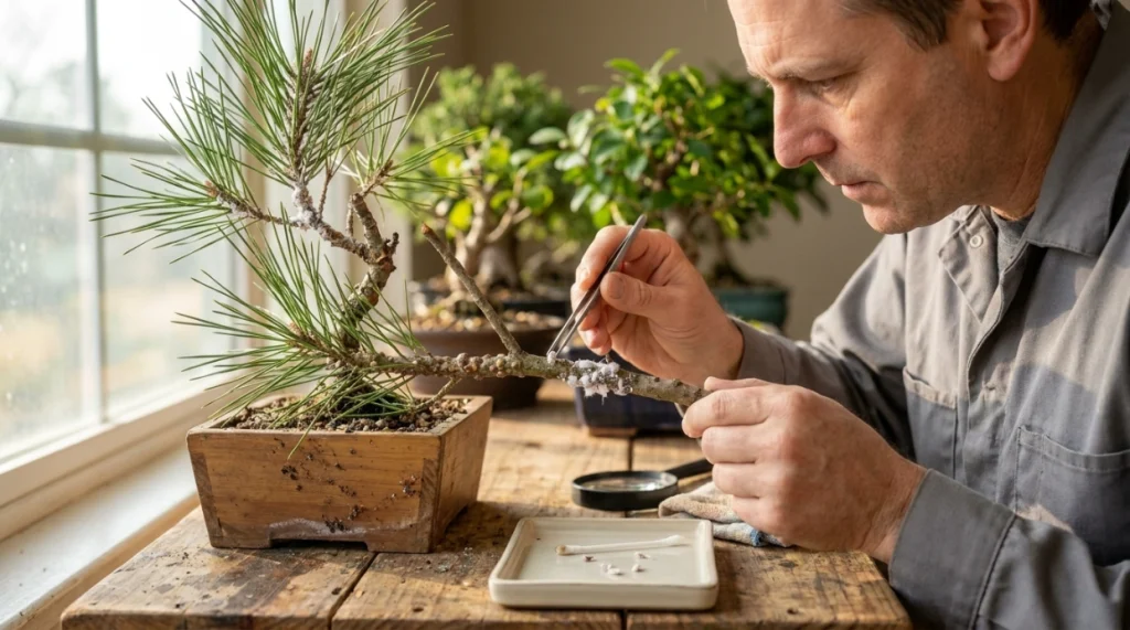 Isolated bonsai being inspected and cleaned after identifying Mealybugs vs Scale on Bonsai.