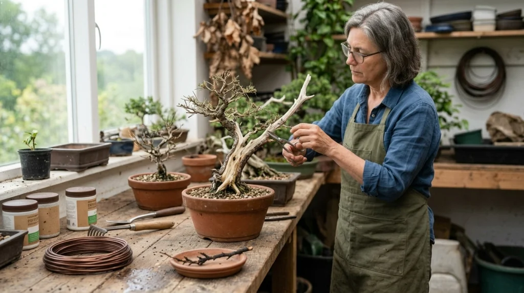 Grower pausing before pruning a weak bonsai with multiple unused tools nearby