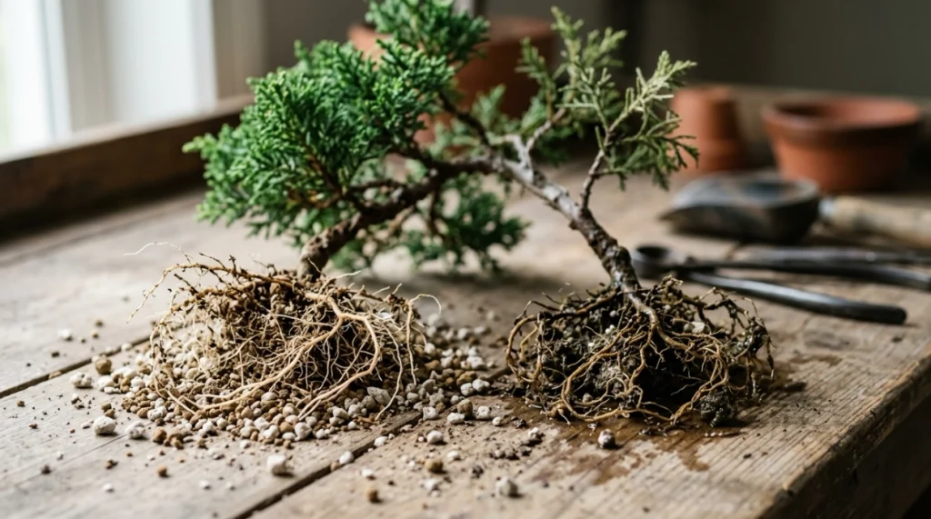 Healthy mycorrhizal bonsai roots beside soft dark roots showing signs of root rot.