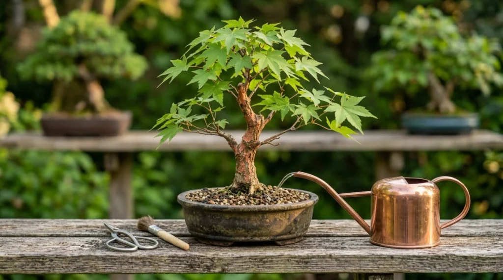 Healthy bonsai spaced for airflow with clean foliage, sanitized tools, and substrate-focused watering