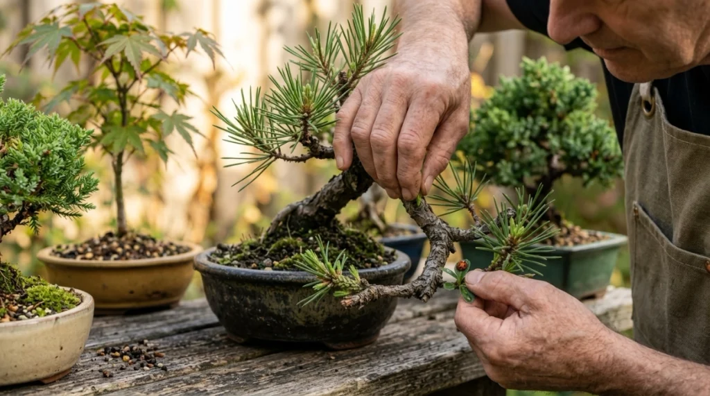 Bonsai grower inspecting new growth with a lady beetle nearby.