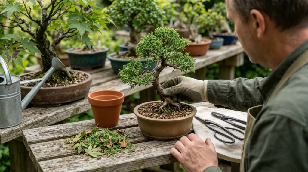 Bonsai grower inspecting a new tree, cleaning shears, watering soil, and removing plant debris