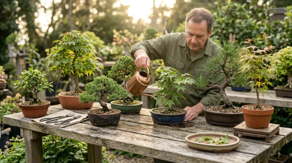 Bonsai collection with proper watering, airflow, clean tools, and isolated new tree