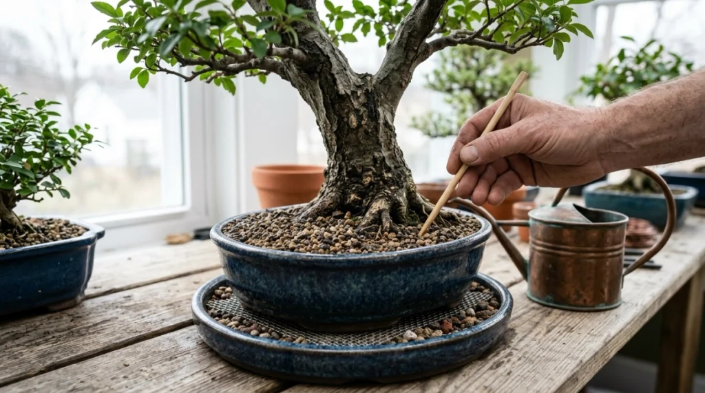 Healthy bonsai soil being checked for moisture with clean substrate and open drainage