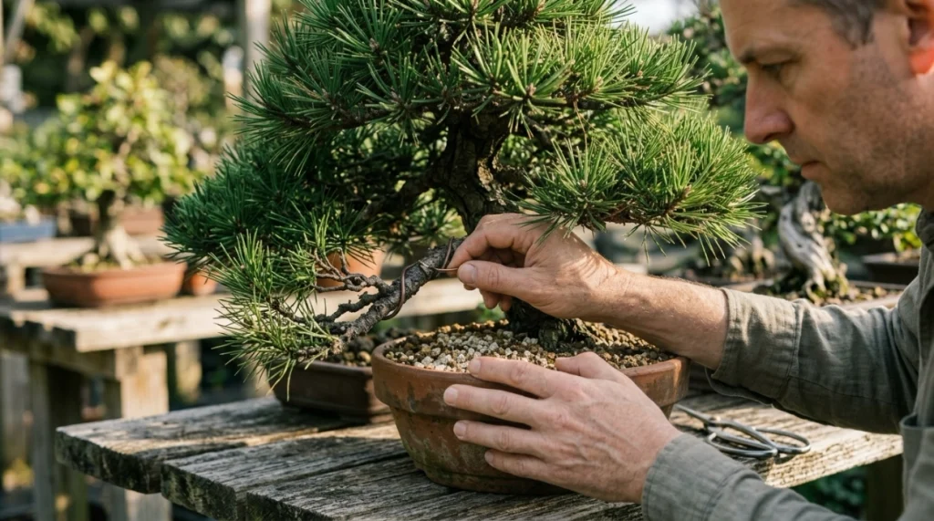 Healthy bonsai receiving routine soil, wire and canopy checks to prevent branch dieback.