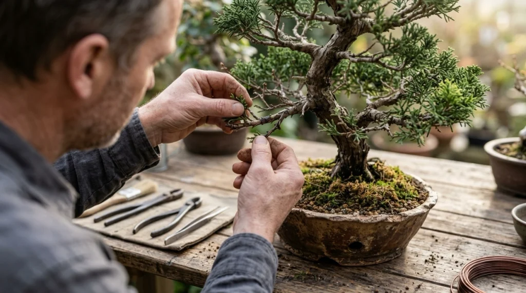 Bonsai grower checking soil, foliage, wire, bark, and branches during a weekly tree inspection