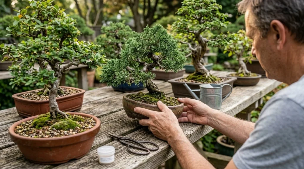 Bonsai grower preventing canker by inspecting branches, spacing trees, and keeping pruning tools clean