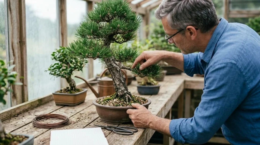 Bonsai dieback prevention routine with moisture checks, clean tools, wire inspection, and healthy foliage.