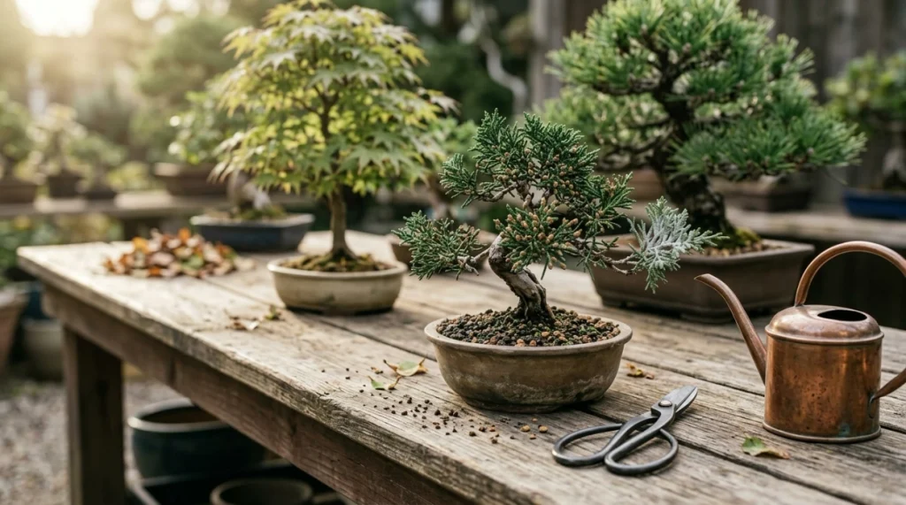 Healthy bonsai with good airflow, clean tools, drainage and sanitation to prevent fungal disease