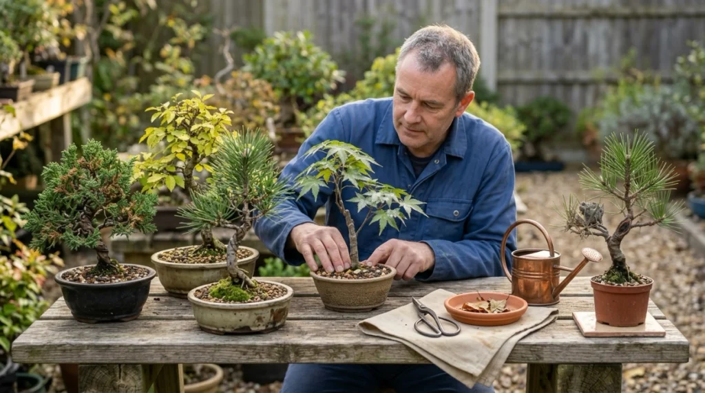 Grower checking soil moisture among healthy, well-spaced bonsai trees with clean tools and good drainage