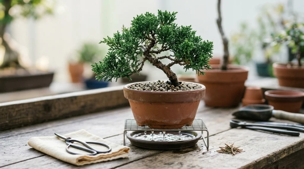 Healthy bonsai with free-draining soil, clean tools, open drainage, and proper watering conditions.