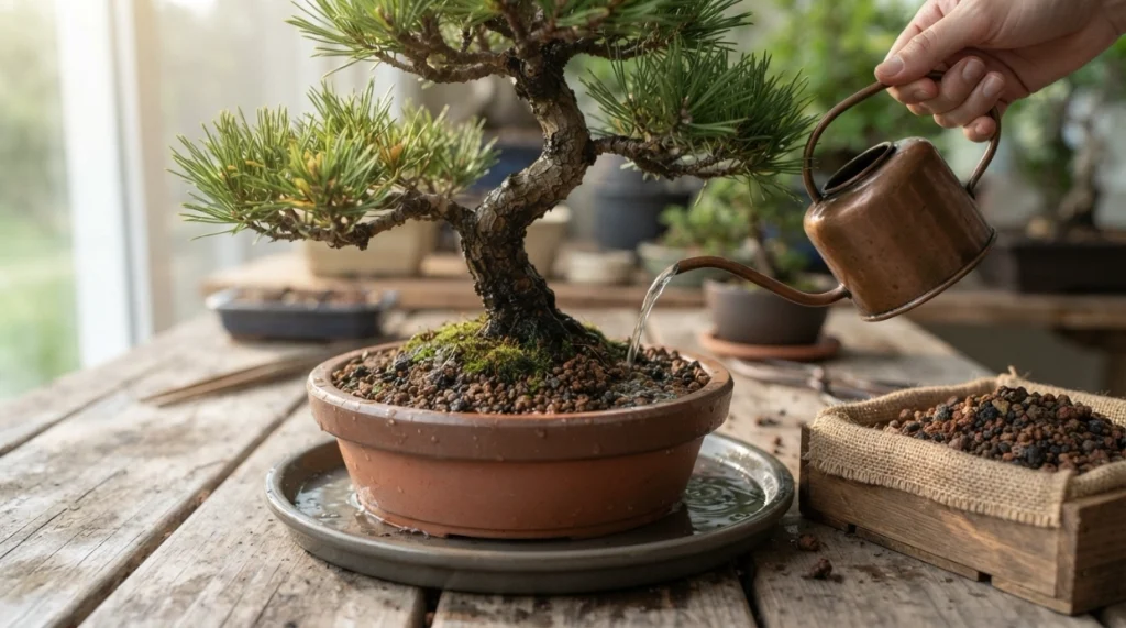 Healthy bonsai in structured substrate with water draining freely from a shallow pot