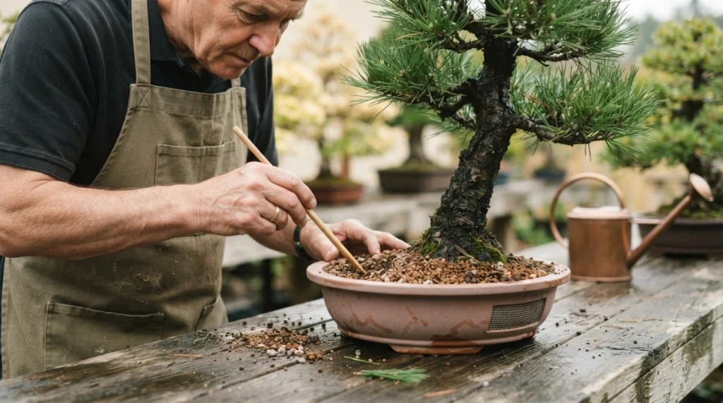 Bonsai root rot symptoms prevention with soil moisture checking, healthy drainage, and careful watering