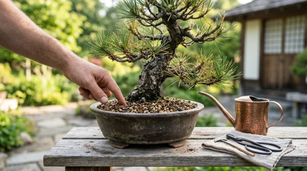 Healthy bonsai in granular soil as grower checks moisture before watering